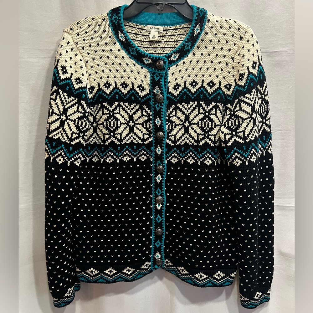 L.L. Bean Fair Isle Button Front Cardigan Black, Cream & Teal Size M
